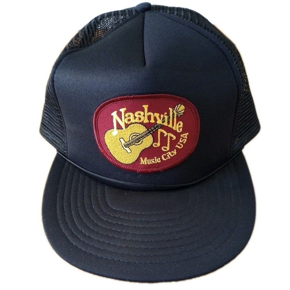 Nashville Music City USA Patch Vintage Trucker Hat Mesh Black Speedway Opry Land